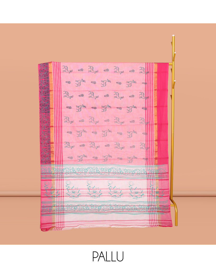 Pink Chirala Cotton Saree, Bedecked with Floral and Deer Motifs, a Contrast Deer Motifs Border, Striped Pallu, and a Matching Blouse