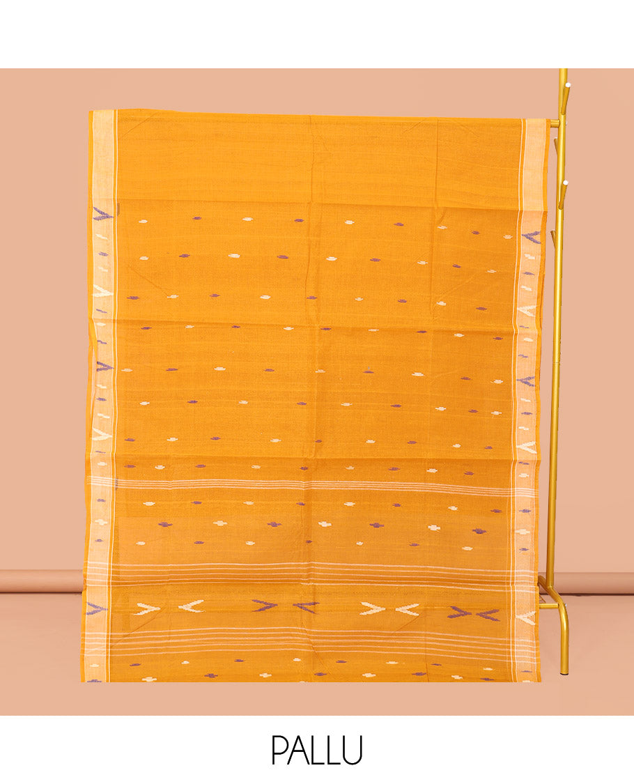 Yellow Bengal Cotton Saree, Steeped with Thread Buttas, a Subtle Border, a Pallu of Stripes and Buttas, and a Matching Blouse