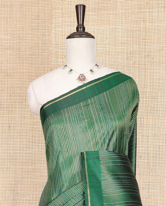 Green Dupion Silk Saree, Subtly Sparkled with Dotted Stripes All Over Its Body, Subtle Self-Border, Gleaming Zari Pallu, and Paired with a Matching Blouse