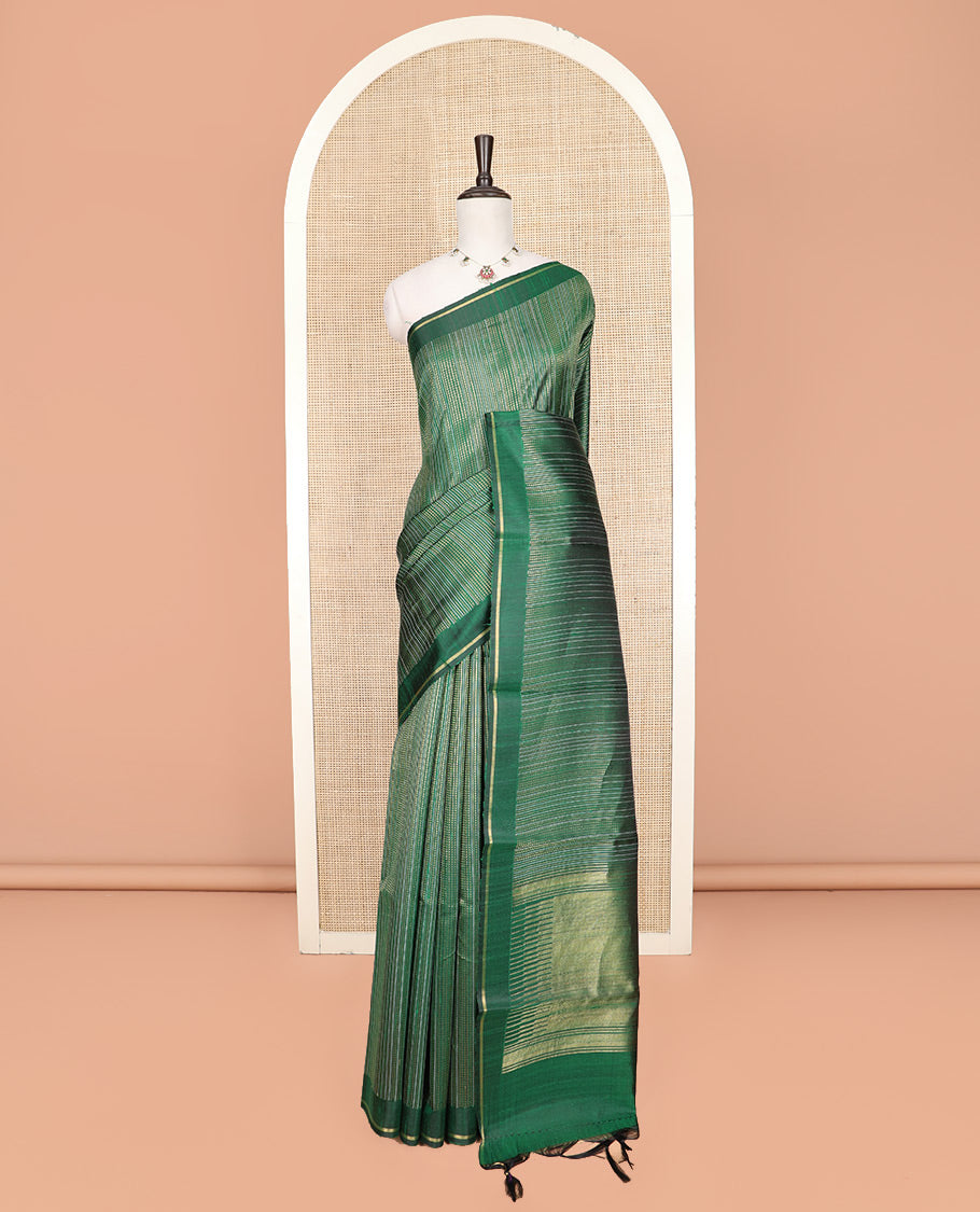 Green Dupion Silk Saree, Subtly Sparkled with Dotted Stripes All Over Its Body, Subtle Self-Border, Gleaming Zari Pallu, and Paired with a Matching Blouse