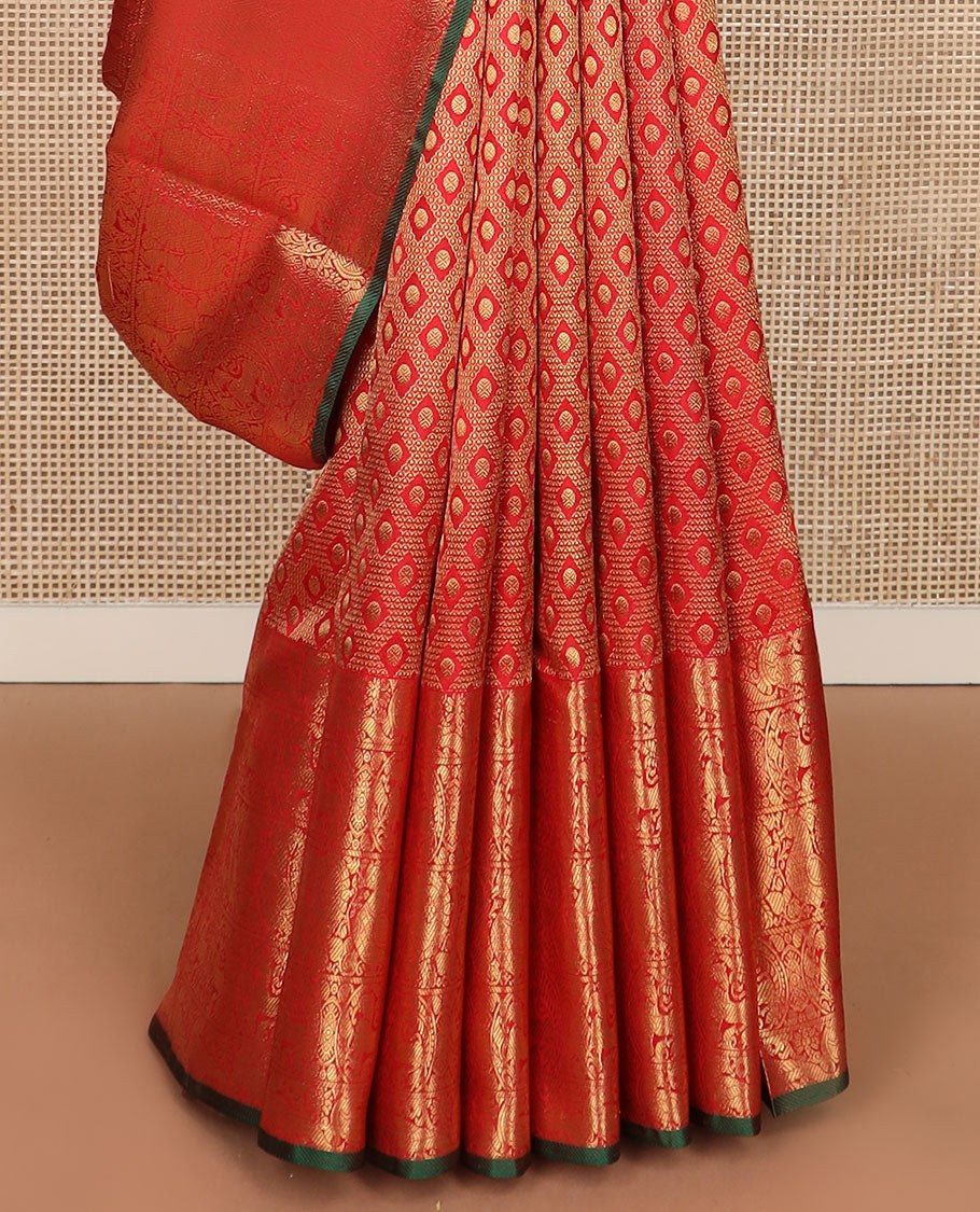 Red Jacquard Kanchipuram silk saree, zari border of round annam, round yaali & kili design & zari-rich grand  pallu