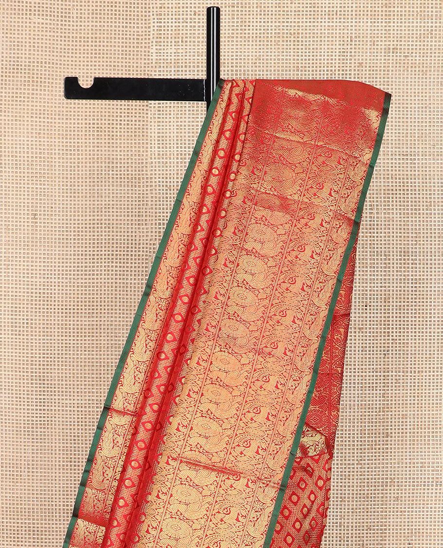 Red Jacquard Kanchipuram silk saree, zari border of round annam, round yaali & kili design & zari-rich grand  pallu