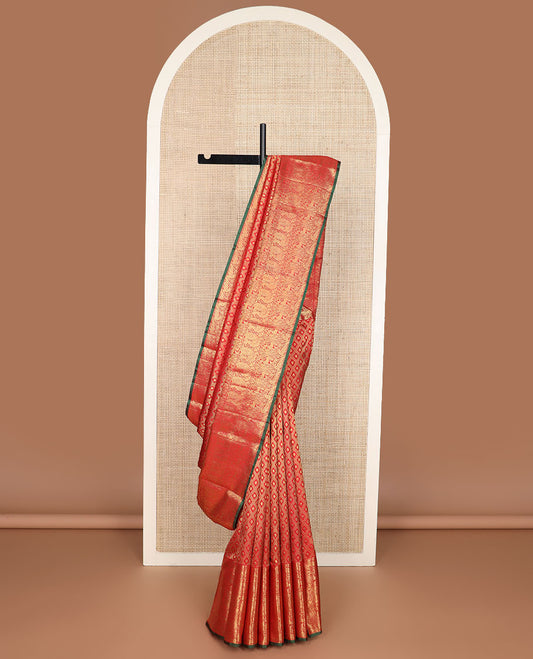Red Jacquard Kanchipuram silk saree, zari border of round annam, round yaali & kili design & zari-rich grand  pallu