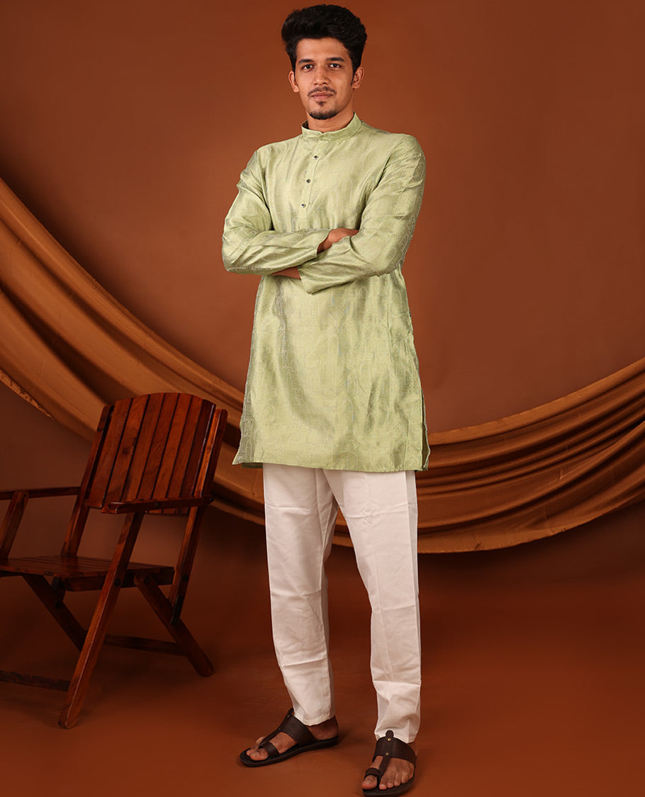 Green Mughal-Style Arches Embossed Full-Sleeved Men's Kurta