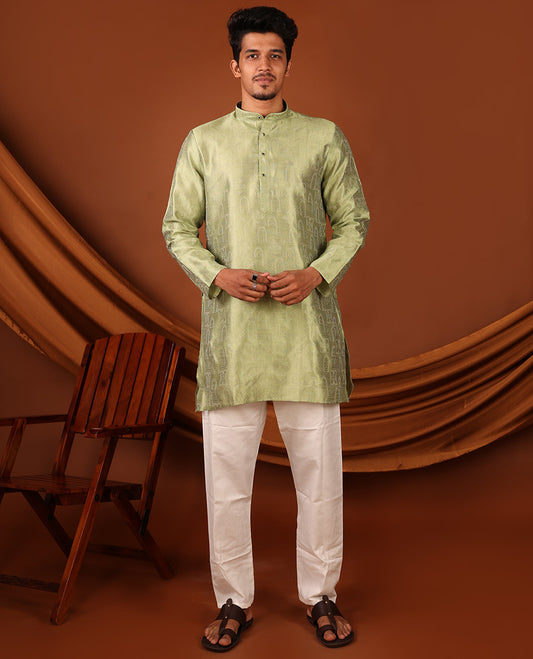 Green Mughal-Style Arches Embossed Full-Sleeved Men's Kurta