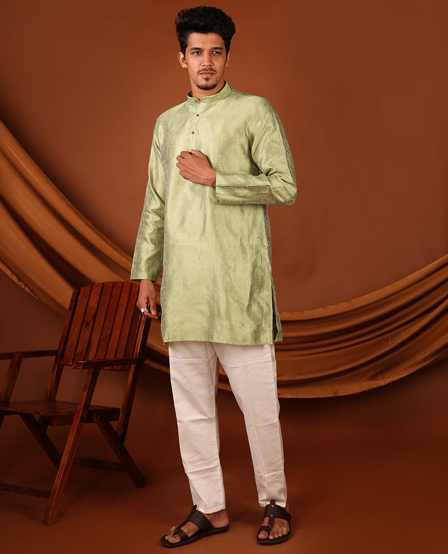 Green Mughal-Style Arches Embossed Full-Sleeved Men's Kurta