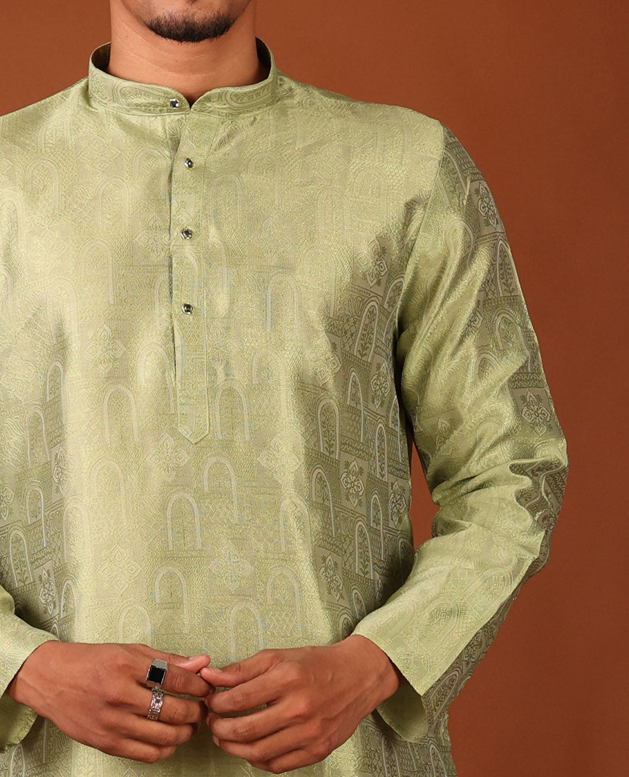 Green Mughal-Style Arches Embossed Full-Sleeved Men's Kurta