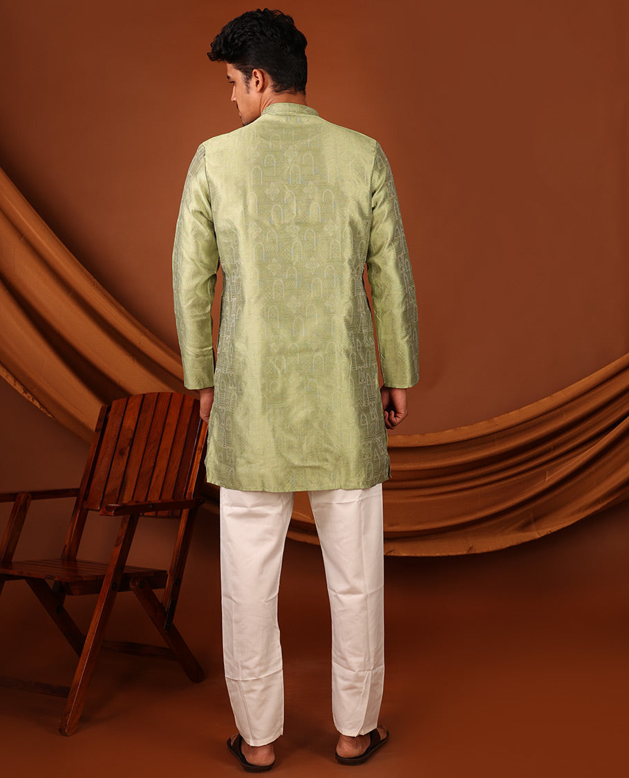 Green Mughal-Style Arches Embossed Full-Sleeved Men's Kurta
