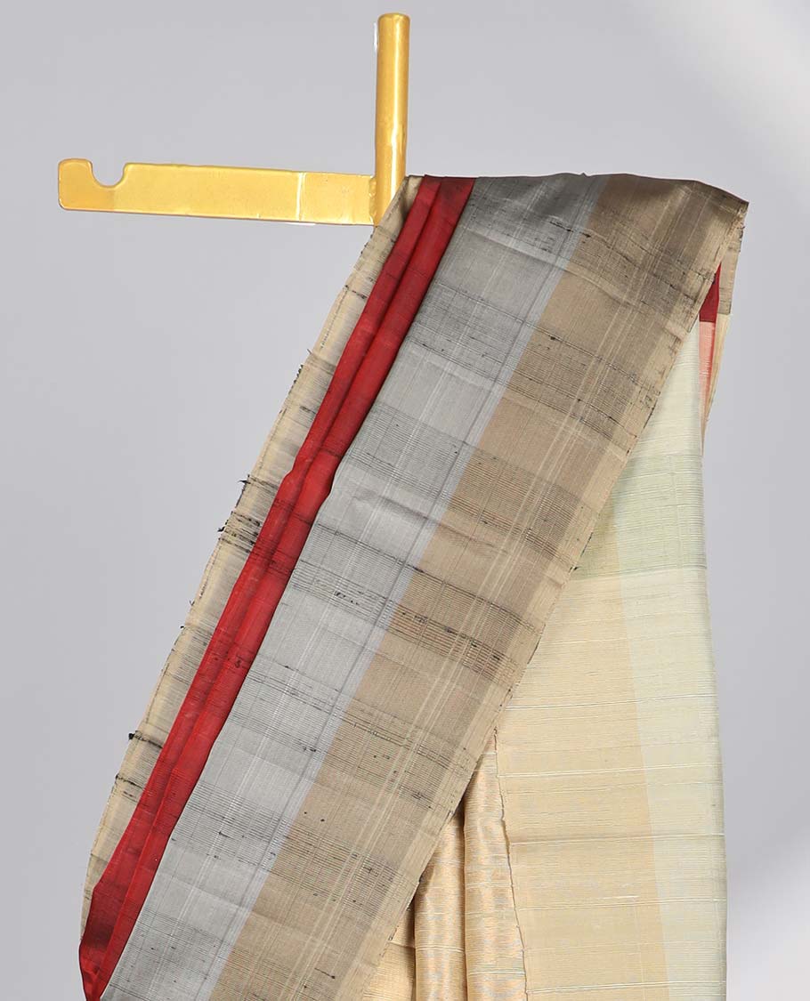 Brown striped soft silk saree contrast striped border & temple zari design pallu