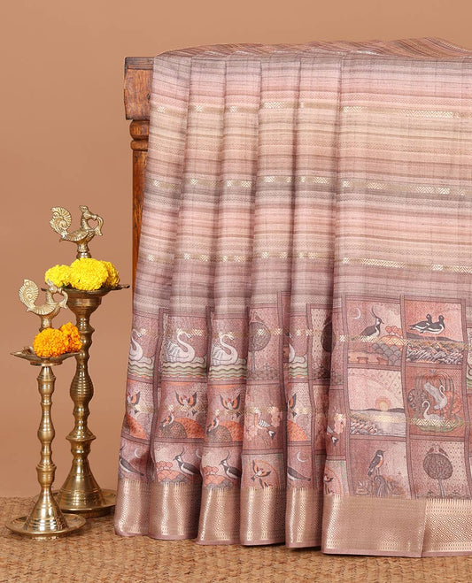 Light blue horizontal zari striped with bird motifs printed soft tusser saree, traditional zari border & geometric printed pallu