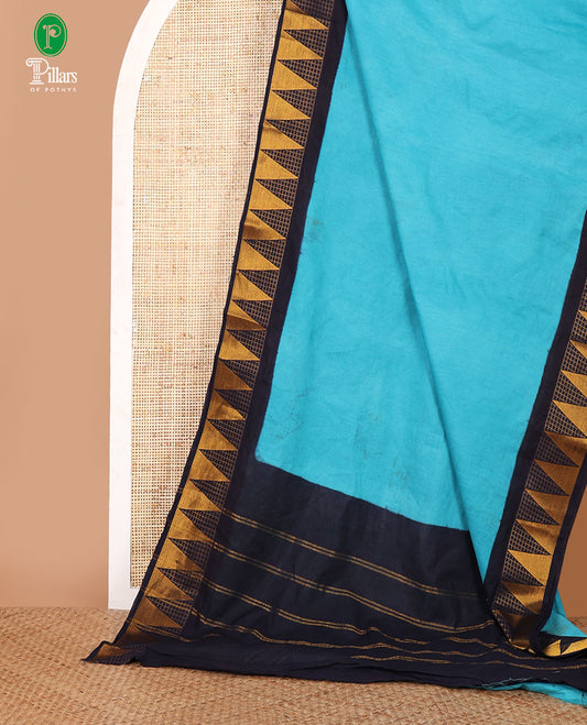 Blue full-plain sungudi cotton saree, contrast checks & temple zari border, lining seer pallu & plain blouse