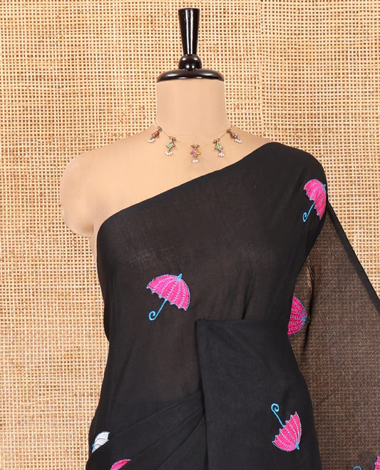 Borderless Black Khadi Cotton Saree, Delicately Woven with Umbrella Motifs, Thread Embroidered on Its Body, a Self-Pallu, and Paired with a Matching Blouse