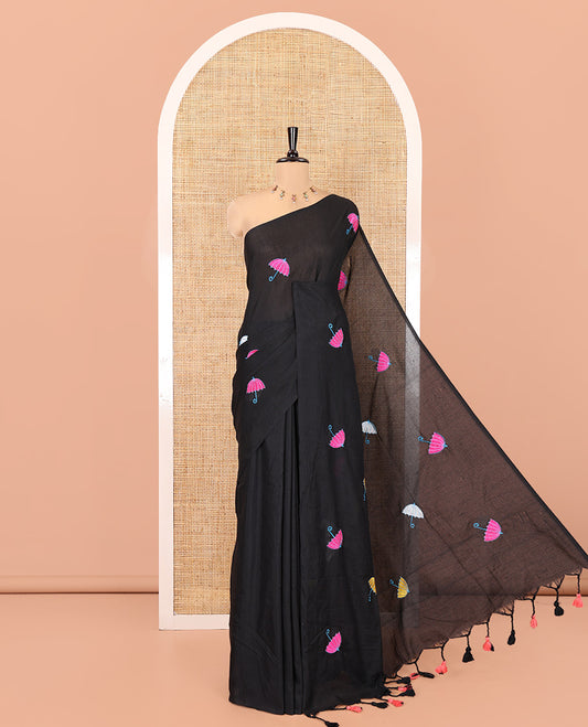 Borderless Black Khadi Cotton Saree, Delicately Woven with Umbrella Motifs, Thread Embroidered on Its Body, a Self-Pallu, and Paired with a Matching Blouse