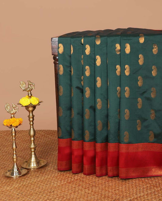 Bottle green mango butta zari design litchi soft silk saree with contrast bentex traditional border & rich weaving pallu along with brocade blouse