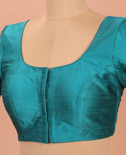 Rama Blue Plain Readymade Blouse Featuring a Front Round-Neck, Back Round-Neck, and Elbow Sleeves