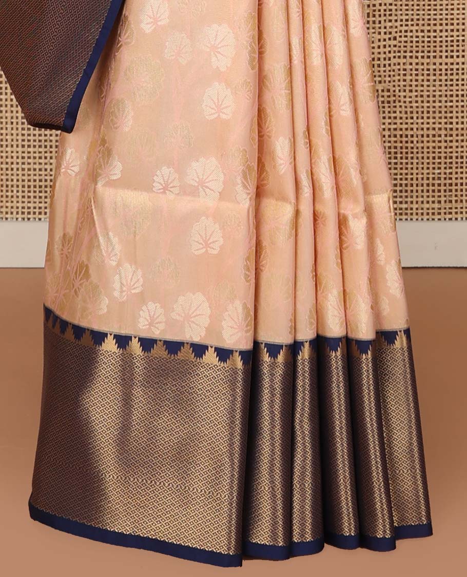 Peach floral design soft silk saree with contrast temple, checked border & floral design pallu