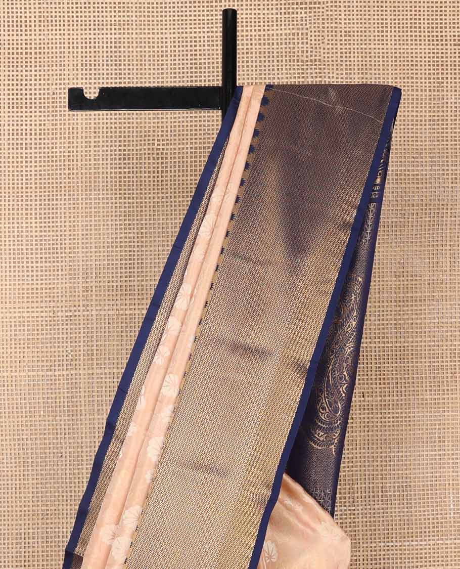 Peach floral design soft silk saree with contrast temple, checked border & floral design pallu