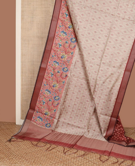 Sandal jaal design tussar silk saree, contrast floral vine printed border, and striped pallu