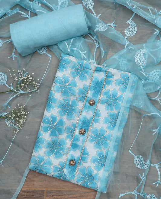 Sky blue material chudidar set, floral print with sequins embroidery top, plain bottom, and paisley vine sequins embroidered dupatta