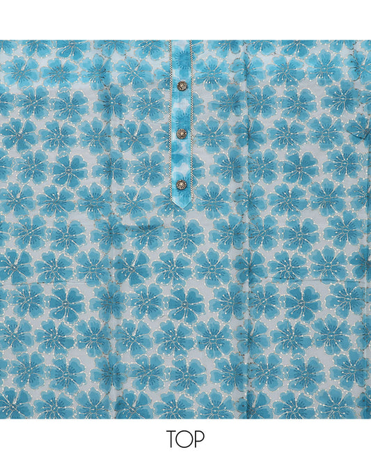 Sky blue material chudidar set, floral print with sequins embroidery top, plain bottom, and paisley vine sequins embroidered dupatta
