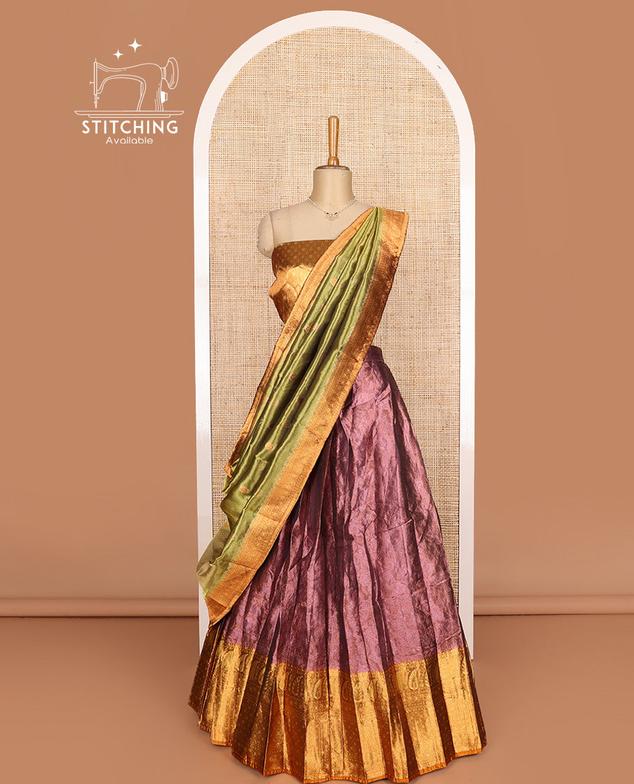 Brown art silk half-saree, sparsely design with contrast traditional motifs bordered skirt, contrast blouse, and traditional motif dhavani