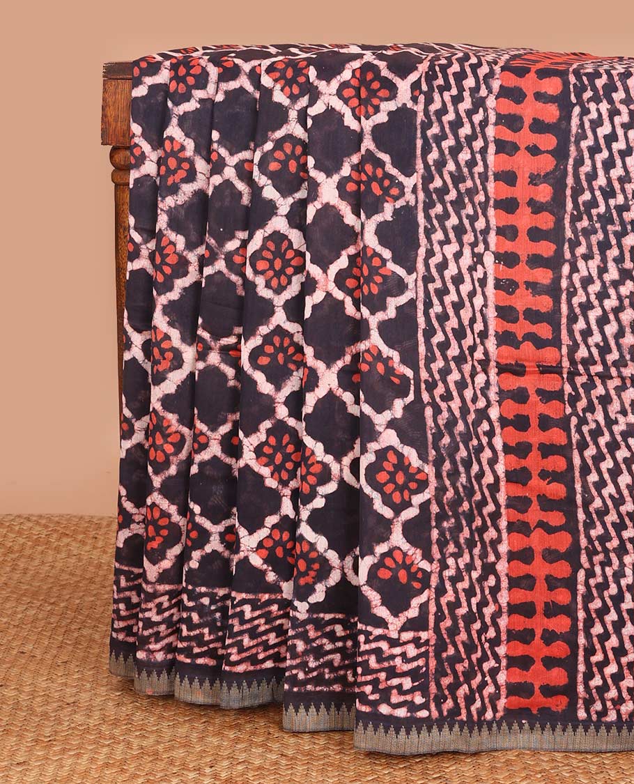 Brown batik style ogee printed mul mul cotton saree, batik printed border, and pallu of geometric print