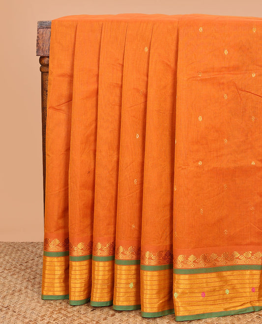 Orange zari buttas Venkatagiri cotton saree, contrast zari and thread work border, pallu of zari stripes