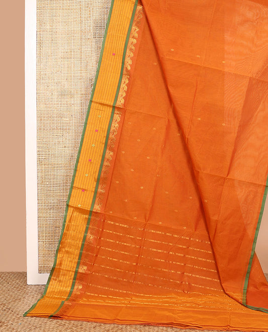 Orange zari buttas Venkatagiri cotton saree, contrast zari and thread work border, pallu of zari stripes