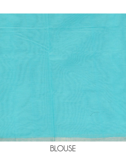 Borderless Turquoise Horse buttas woven Coimbatore cotton saree, self-pallu of geometric patterns