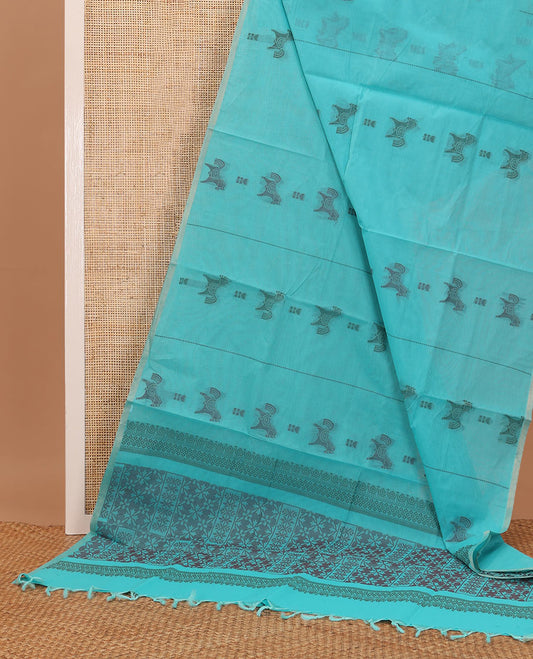 Borderless Turquoise Horse buttas woven Coimbatore cotton saree, self-pallu of geometric patterns