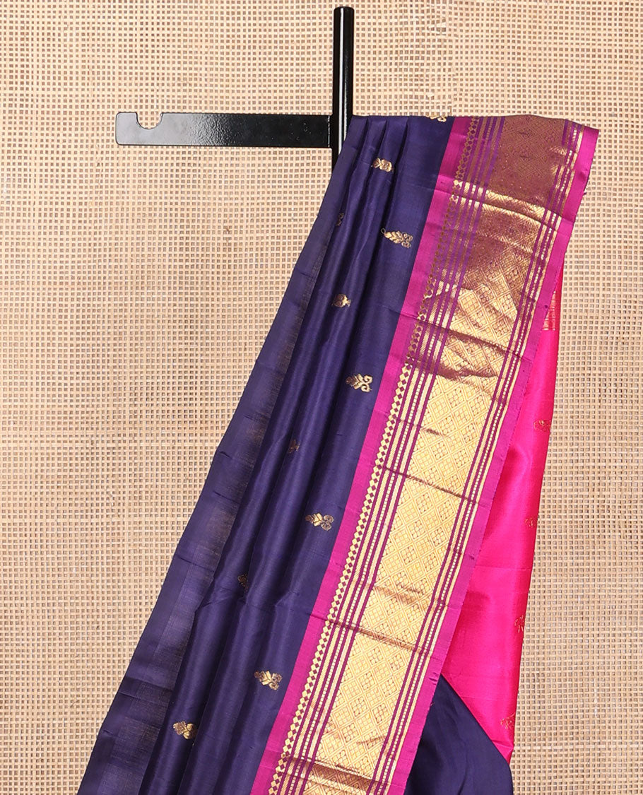 Navy blue zari buttas Kanchipuram silksaree, contrast one-sided border of panner sombu,banaras,muthu & jaal design & floral design pallu