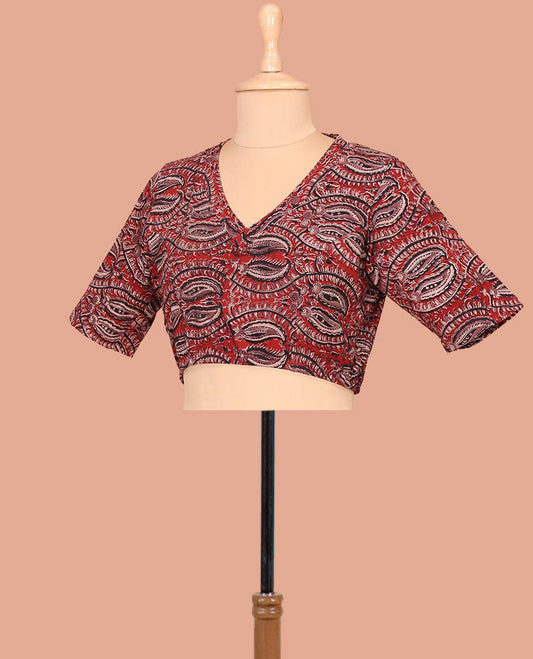 Red Cotton Readymade Blouse Enlivened with All-Over Floral Vine Print, Featuring a Front V-Neck, a Closed Back Neck, and Elbow Sleeves