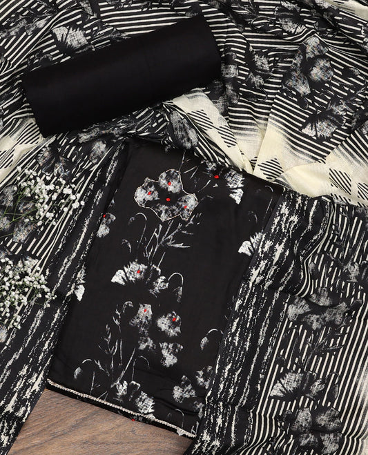 Black material chudidar set, floral printed with French knot embroidered top, plain bottom, and dupatta of stripes and floral print