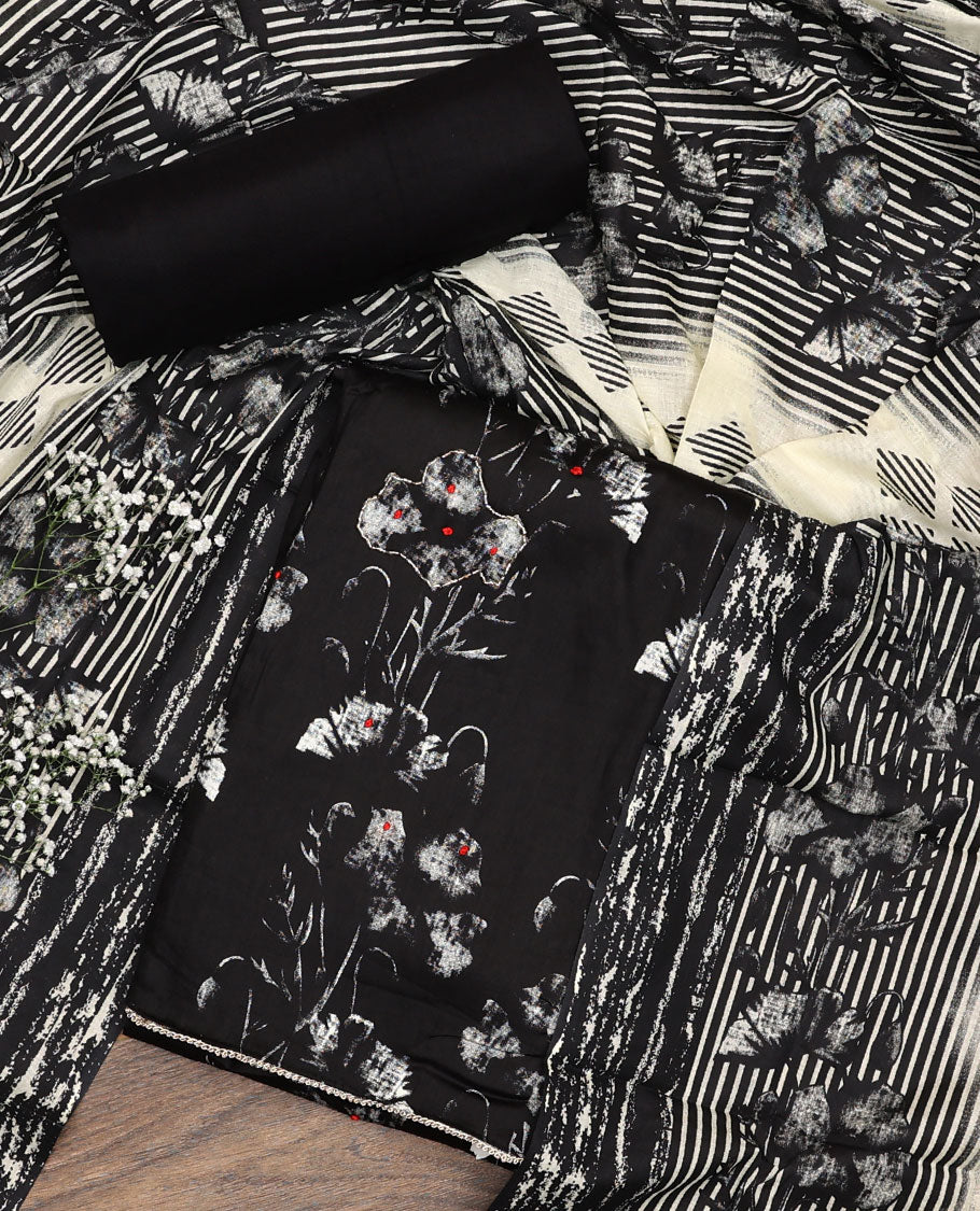 Black material chudidar set, floral printed with French knot embroidered top, plain bottom, and dupatta of stripes and floral print