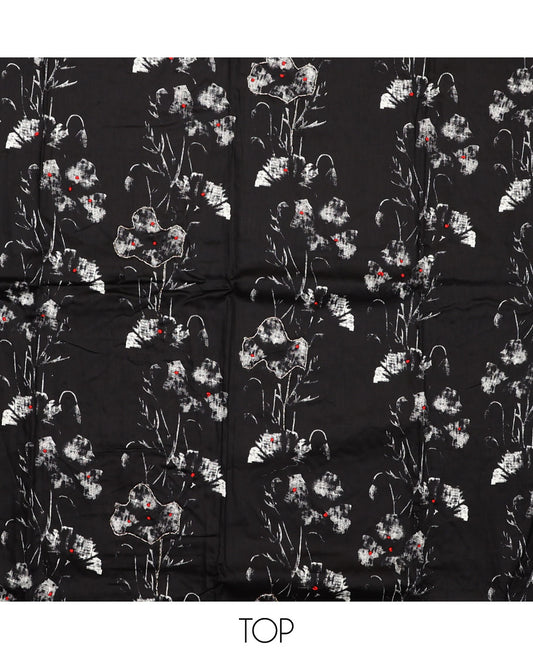 Black material chudidar set, floral printed with French knot embroidered top, plain bottom, and dupatta of stripes and floral print