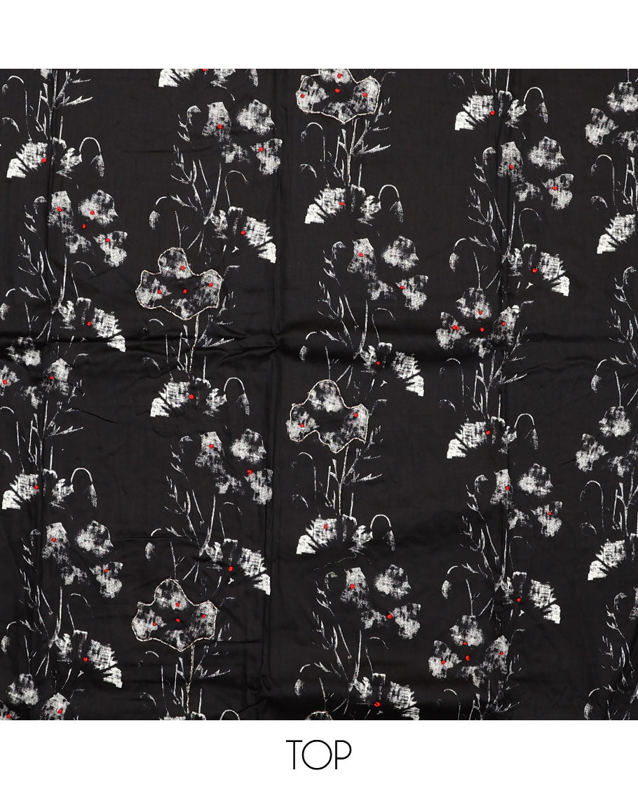 Black material chudidar set, floral printed with French knot embroidered top, plain bottom, and dupatta of stripes and floral print