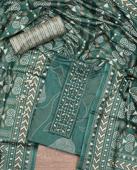 Green Material Chudidar Set, Mesmerized with Abstract Print and Neck Embroidered Cotton Top, a Printed Cotton Bottom, and Paired with a Ikkat-Style Geometric Printed Cotton Dupatta