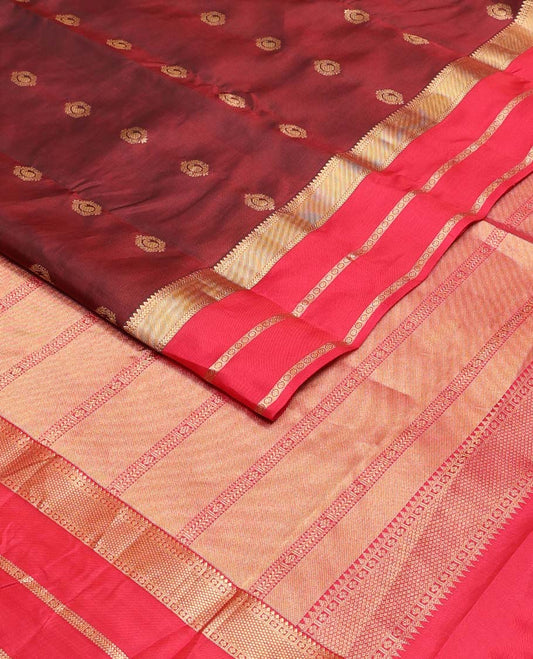 Maroon zari buttas Vasundhara silk mix saree, contrast border of rekku,kathir,zari stripes & kamalam & intricate pallu