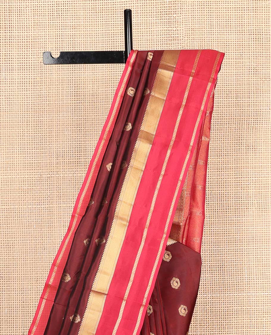 Maroon zari buttas Vasundhara silk mix saree, contrast border of rekku,kathir,zari stripes & kamalam & intricate pallu