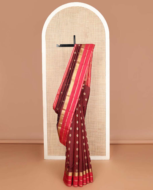 Maroon zari buttas Vasundhara silk mix saree, contrast border of rekku,kathir,zari stripes & kamalam & intricate pallu