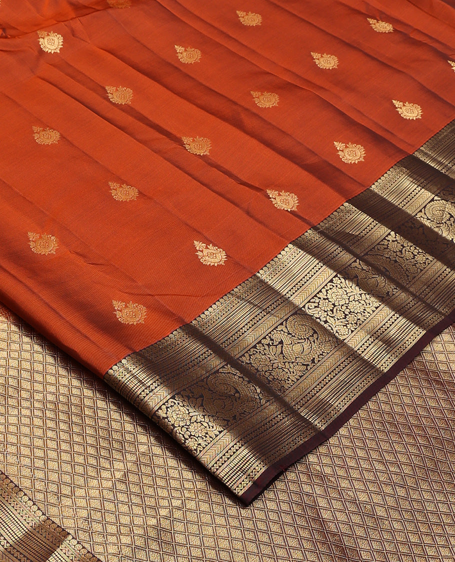 Orange zari buttas Vasundhara silk mix saree, contrast border of thilakam, neli, kathir, kodi visiry, and mayil and jaal pallu