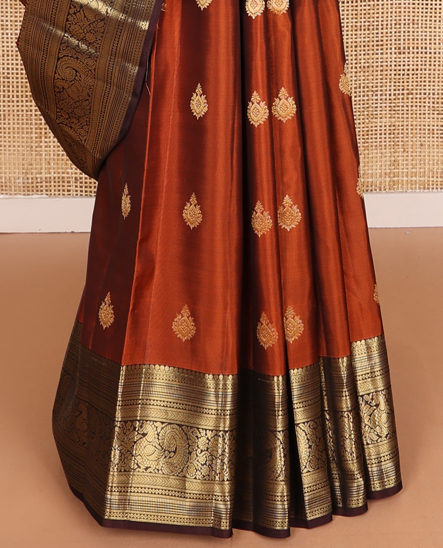 Orange zari buttas Vasundhara silk mix saree, contrast border of thilakam, neli, kathir, kodi visiry, and mayil and jaal pallu