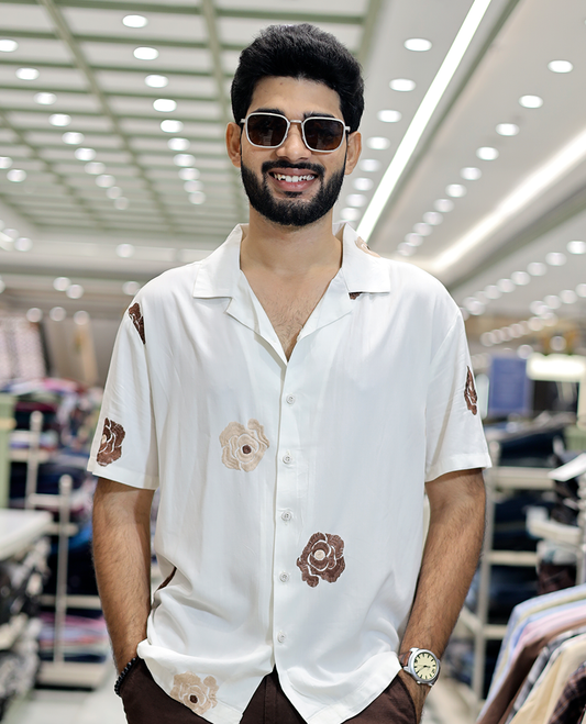 White Floral Embroidery Cotton-Blended Casual Shirt