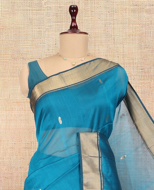 Blue Maheshwari Cotton Saree, Crafted with Zari Buttas, a Traditional Zari Border, Pallu of Paisleys, and a Matching Blouse
