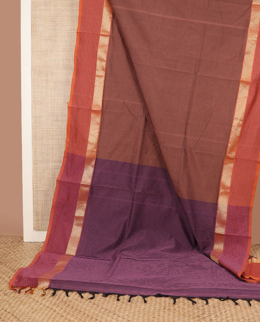 Brown plain design poly cotton saree, contrast traditional zari border of stripes & striped pallu