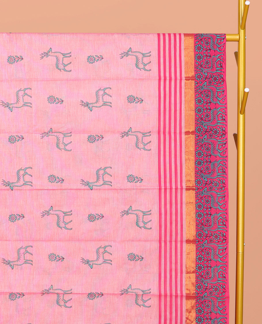Pink Chirala Cotton Saree, Bedecked with Floral and Deer Motifs, a Contrast Deer Motifs Border, Striped Pallu, and a Matching Blouse