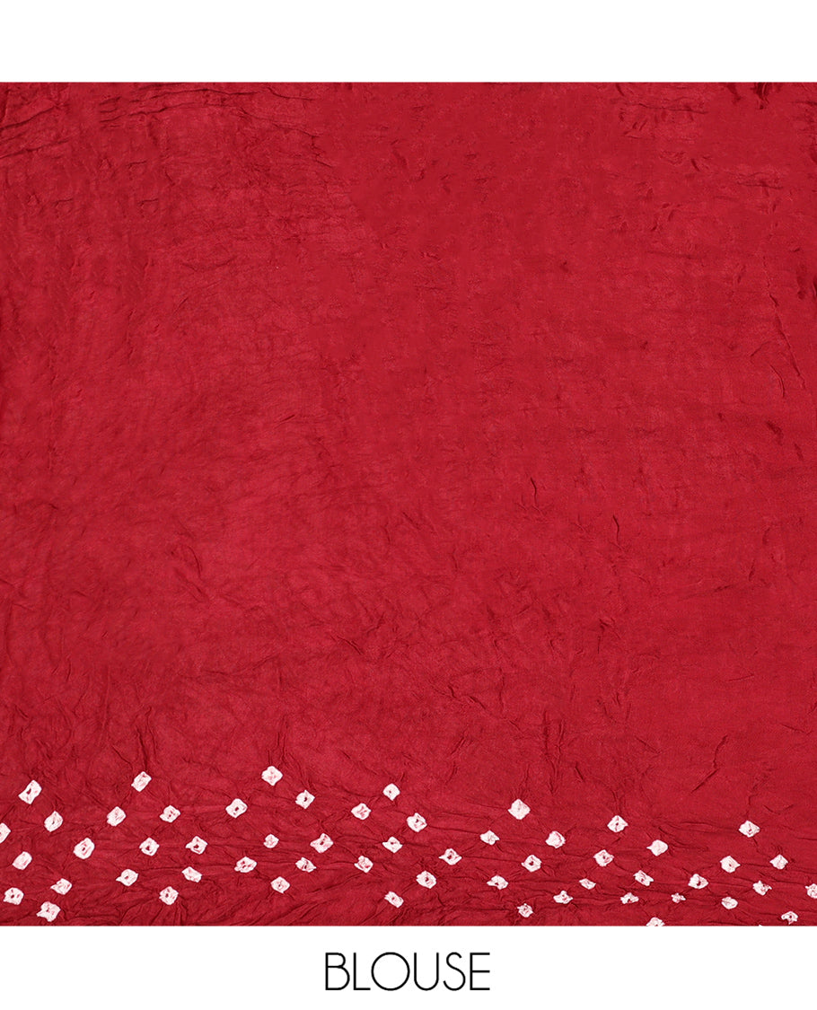 Borderless Red-Base Bandhani Dola Silk Saree