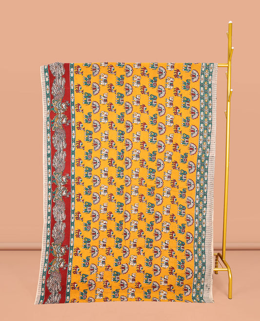 Orange Machine-Printed Kalamkari Cotton Saree, Accentuated with Peacock, Elephant, and Camel Motifs  on Its Body, Complemented by a Contrast Border of Peacock Print, Pallu of Leaf Print, and Paired with a Printed Blouse