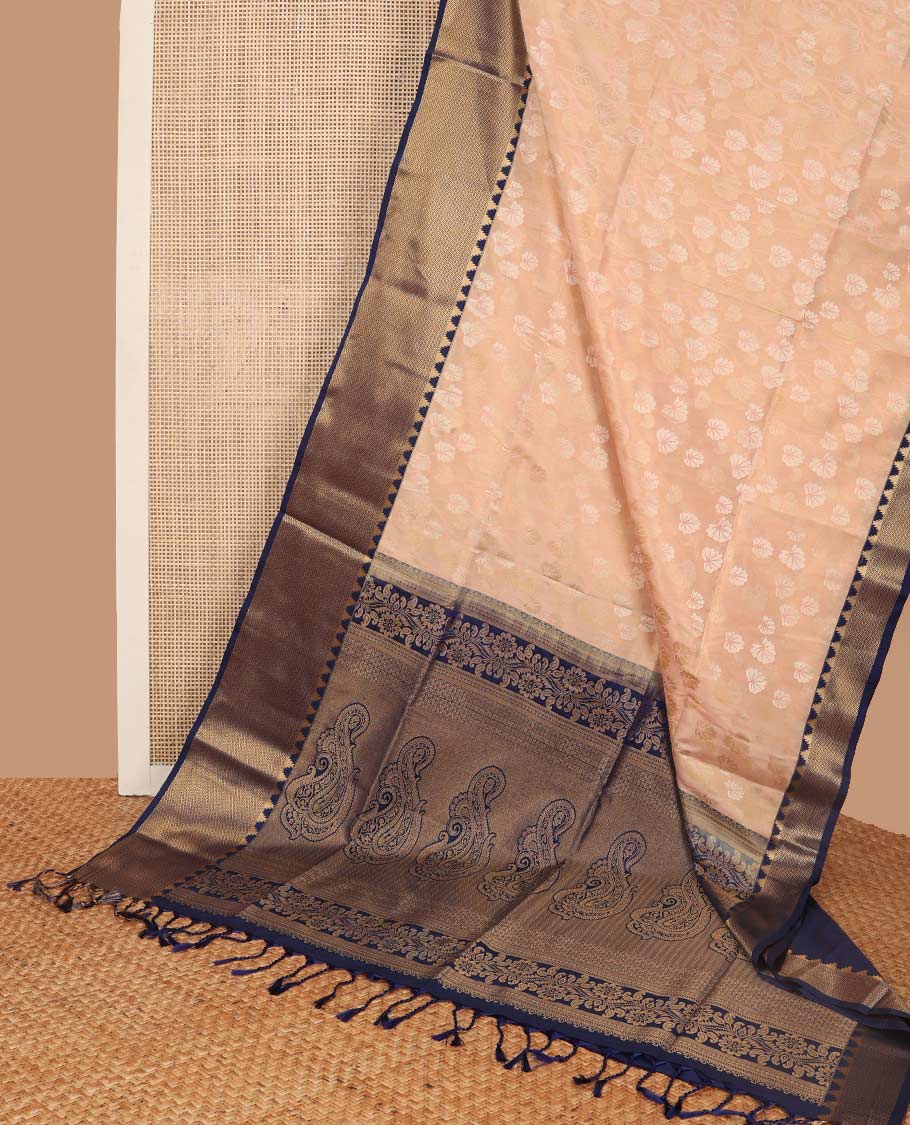 Peach floral design soft silk saree with contrast temple, checked border & floral design pallu