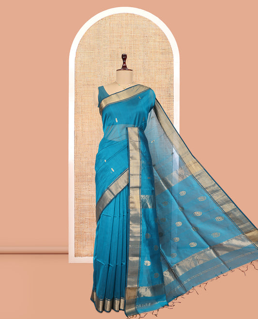 Blue Maheshwari Cotton Saree, Crafted with Zari Buttas, a Traditional Zari Border, Pallu of Paisleys, and a Matching Blouse
